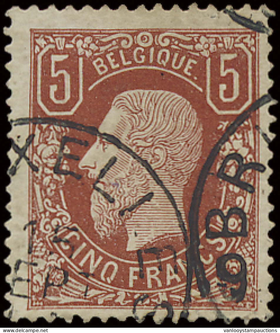 N° 37 5fr. Bruinrood, Lichte Verdunning T.h.v. Scharnierspoor, Fris Van Kleur, M/ntz (OBP €1.900) - 1869-1883 Leopold II