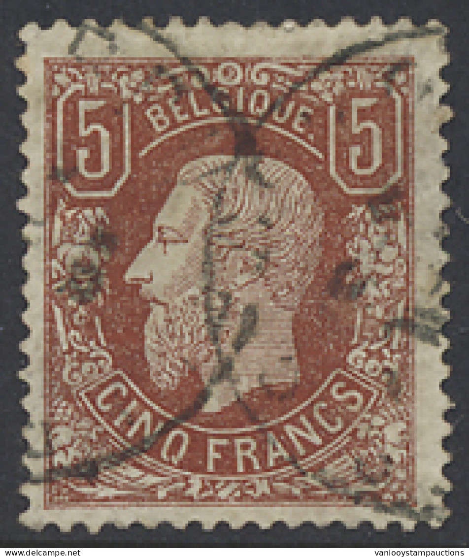 N° 37 5fr. Bruinrood, Klein Verdund Plekje In Het Midden, Ntz (OBP €1.900) - 1869-1883 Léopold II