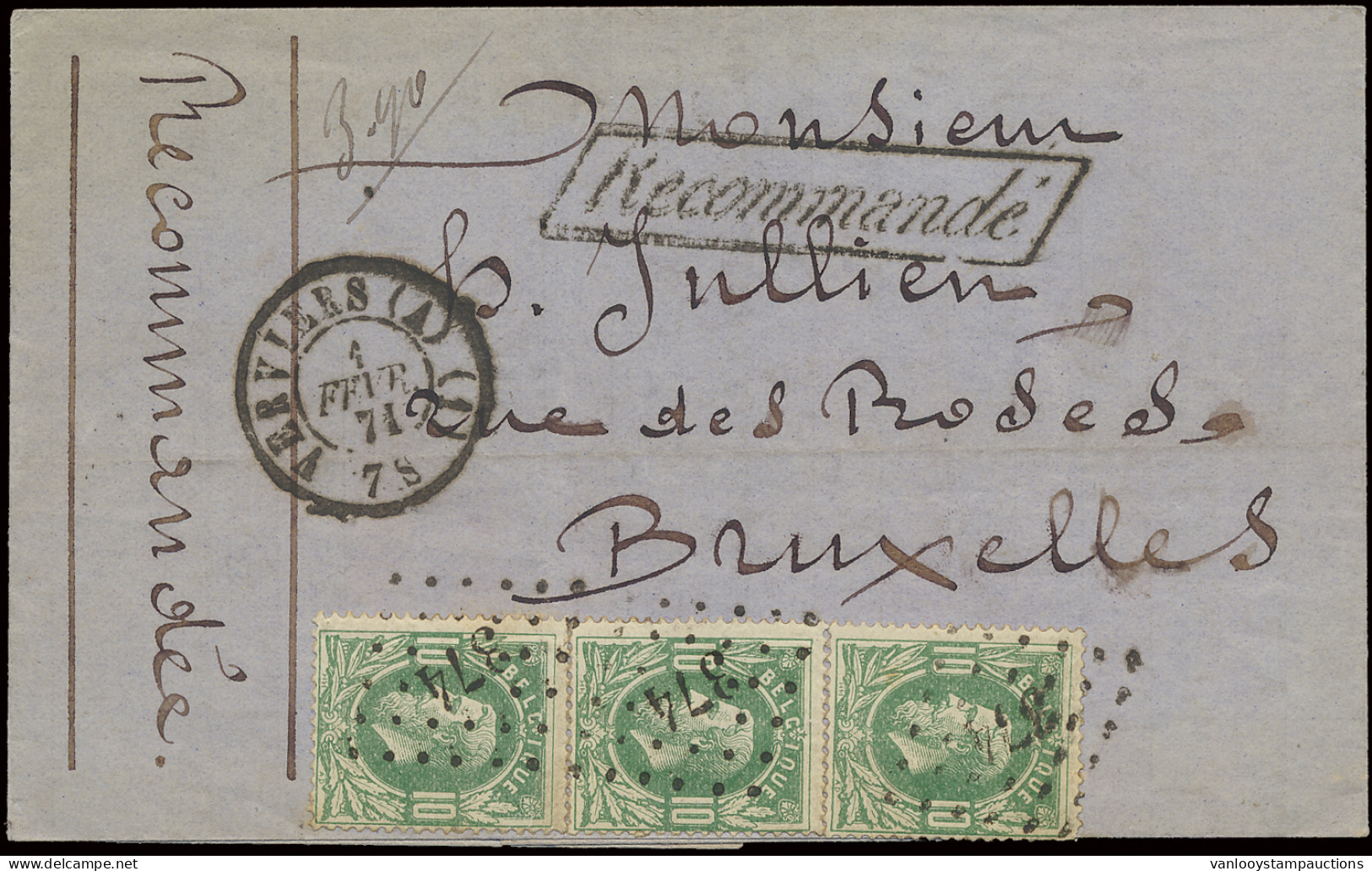 1871 N° 30 (3 Maal), Op Aangetekende Brief Uit Verviers (A), Puntstempel 374 , Dd. 1/2/1871, Naar Brussel, Afstempeling  - 1869-1883 Léopold II