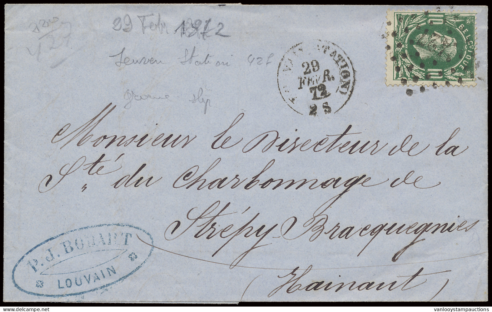 1872 N° 30 10c. Donkergroen Met Puntstempel 427 Leuven (station) Op Brief Dd. 29/2/72 Naar Bracquegnies, Zm (COBA +€25) - 1869-1883 Léopold II