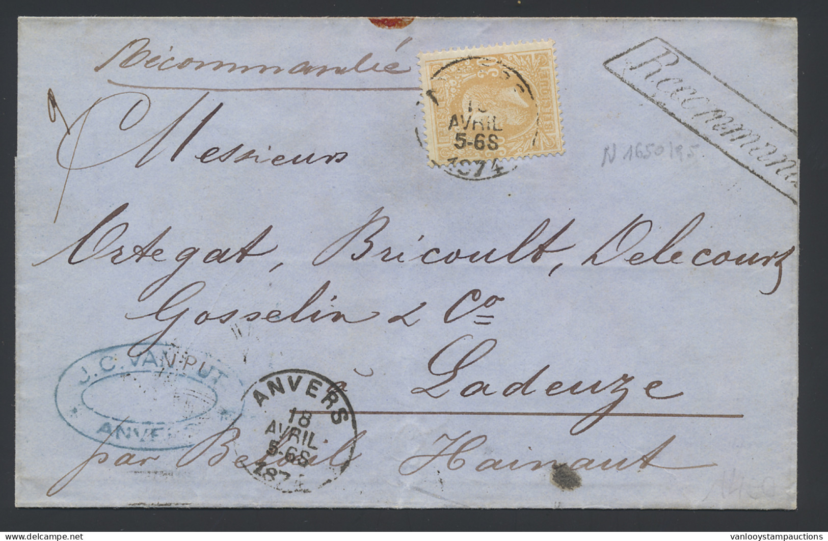 1874 N° 33 30c. Okerrood, E.C. Anvers, Dd. 18 Avril 1874, Aangetekend, Gewicht 9 Gram, Naar Ladeuze (Hainut). Stempel MI - 1869-1883 Leopold II.