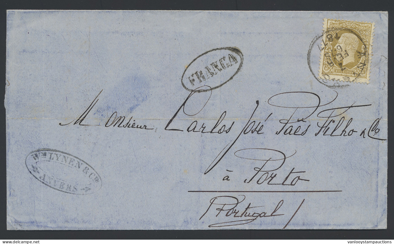 N° 32 Op Mooie Brief Van Antwerpen Op 07.02.1877 Via Lissabon Naar Porto 14.02.1877 En Ovale Stempel FRANCA Voor Brieven - 1869-1883 Leopold II