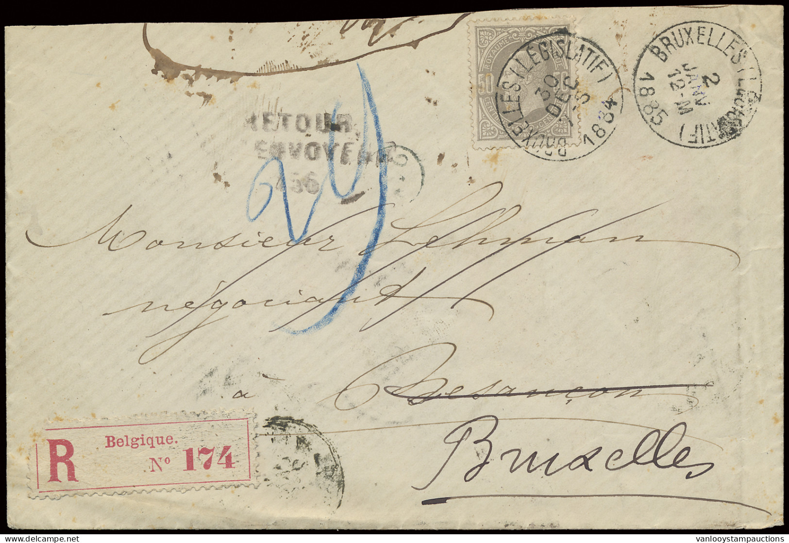 1885 N° 35  50c. Grijs, Op Retour Brief Uit Brussel (Legislatief), Dd. 30/12/1884, Naar Besançon/Frankrijk, Aldaar Retou - 1869-1883 Leopold II