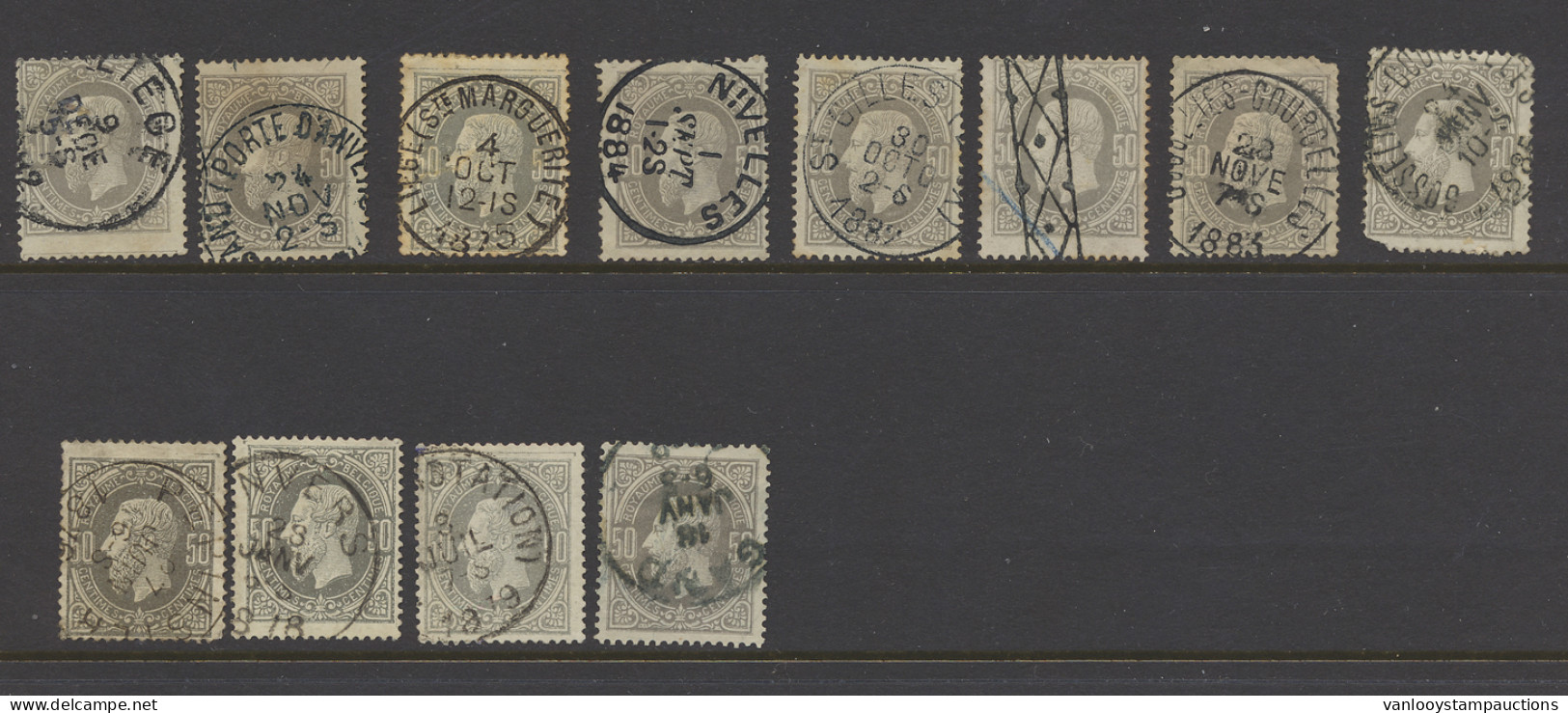 N° 35 50c. Grijs, 12 Exemplaren W.o. Pepinster, Roulette, Enkele Zegels Beschadigd, Zm/m/ntz (OBP €150) - 1869-1883 Leopold II