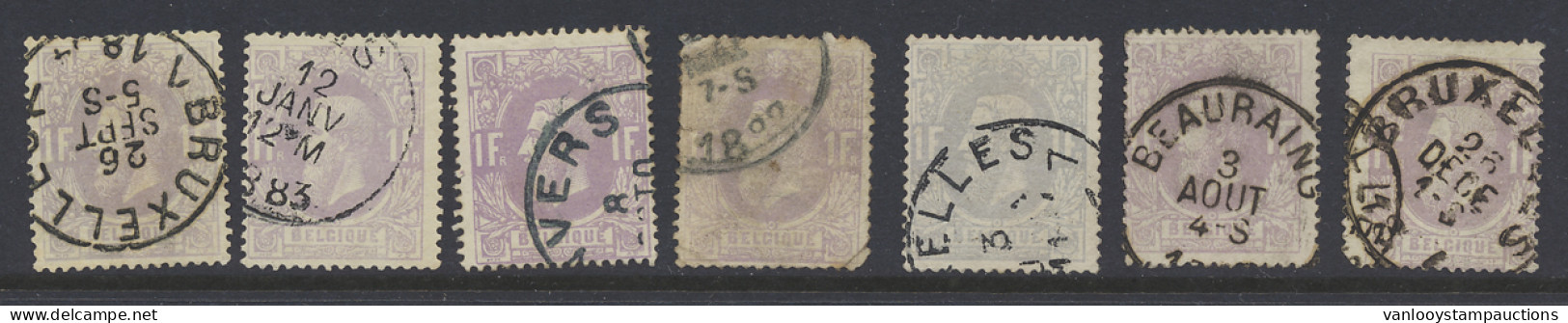 N° 36 1fr. Mauve, 7 Exemplaren, W.o. Beauraing, Zm/m/ntz (OBP €140) - 1869-1883 Léopold II