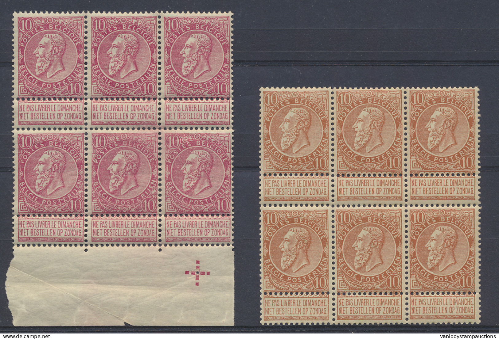 ** N° 57/58 10c. In Blokjes Van 6, N° 58 Met De 2 Linker Zegels Tanding Gelost, Zm/m (OBP €180) - 1893-1900 Thin Beard