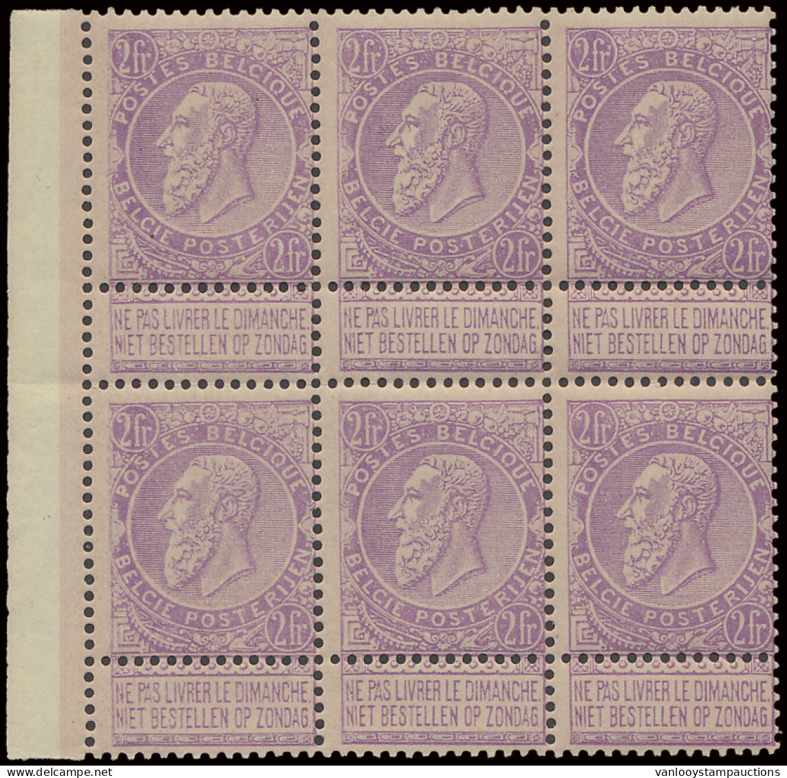 ** N° 66 2fr. Paars Op Roze In Blok Van 6 Met Bladboordje, Zm (OBP €1.590) - 1893-1900 Thin Beard