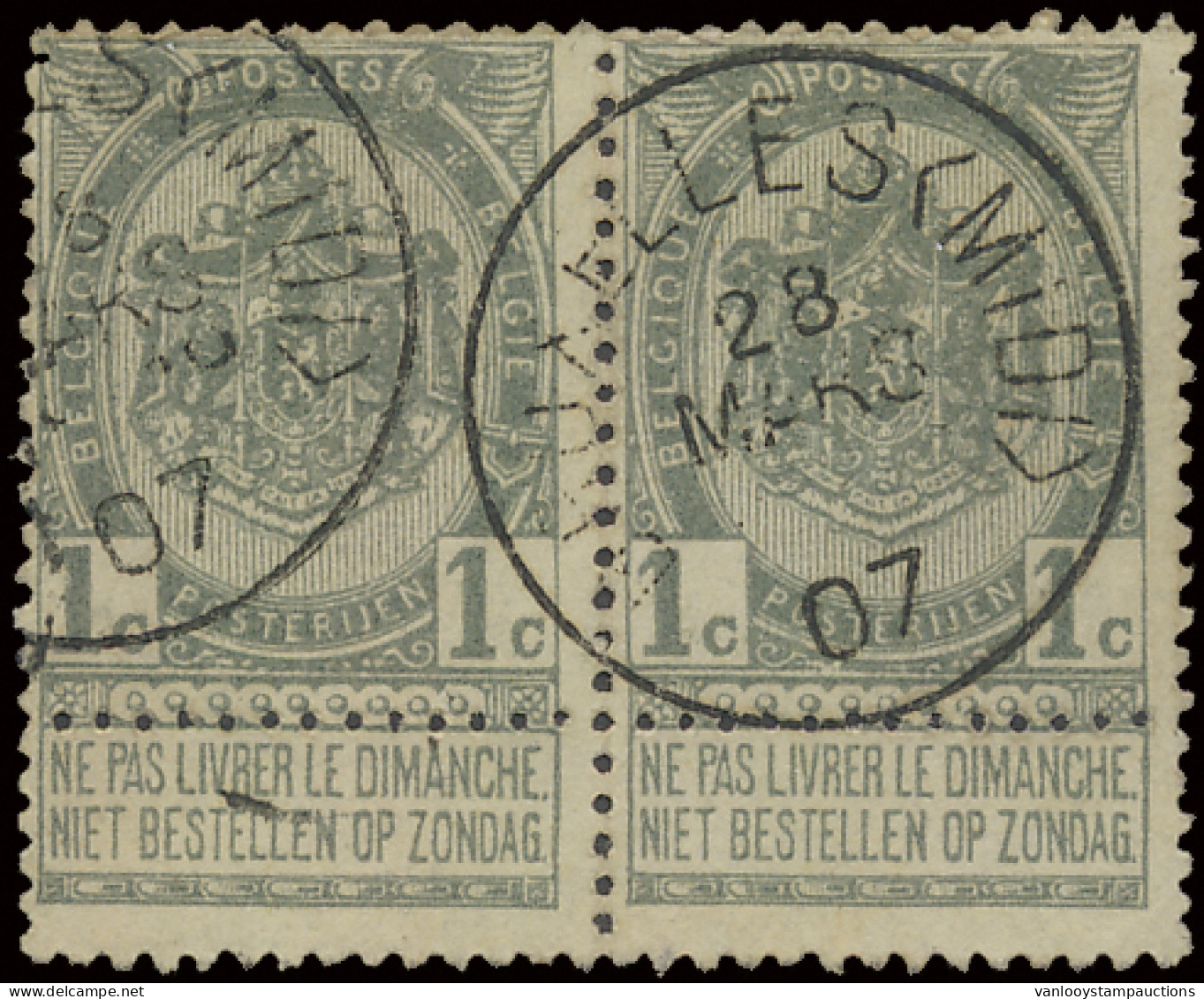 N° 53 In Paar, 1c. Grijs Met Afstempeling BRUXELLES MIDI, Midi Heeft Rechte Haken I.p.v. Ronde, Niet Beschreven In COBA, - 1893-1900 Fine Barbe