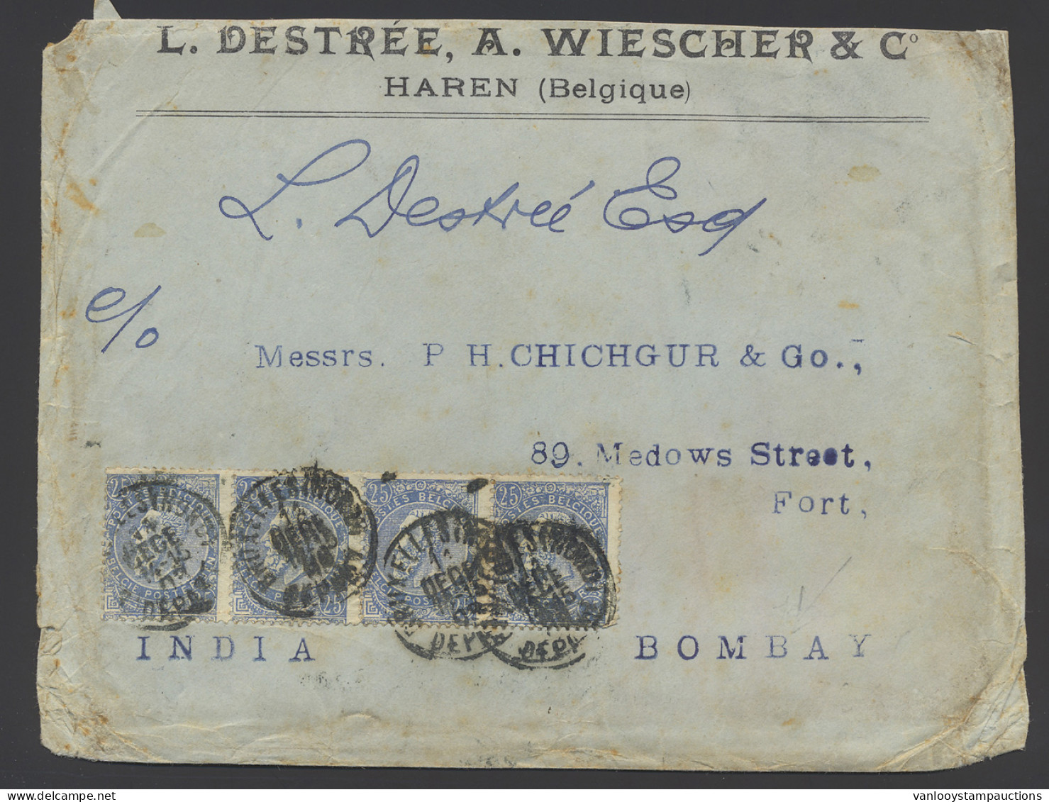 N° 60 25c. Blauw - Fijne Baard (strip Van 4) Op Brief Verstuurd Uit Brussel 11/12/1903 Naar Mumbai/India Met Transit Afs - 1893-1900 Thin Beard