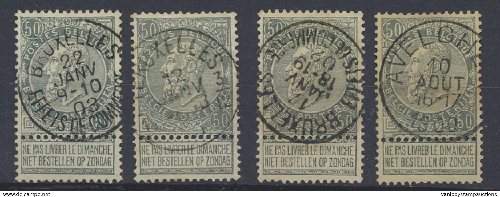 N° 63  50c. Grijs, 4 Exemplaren, Alle Met Centrale Afstempelingen, W.o. Avelghem T1L, Brussel Effect De Commerce, Zm - 1893-1900 Thin Beard