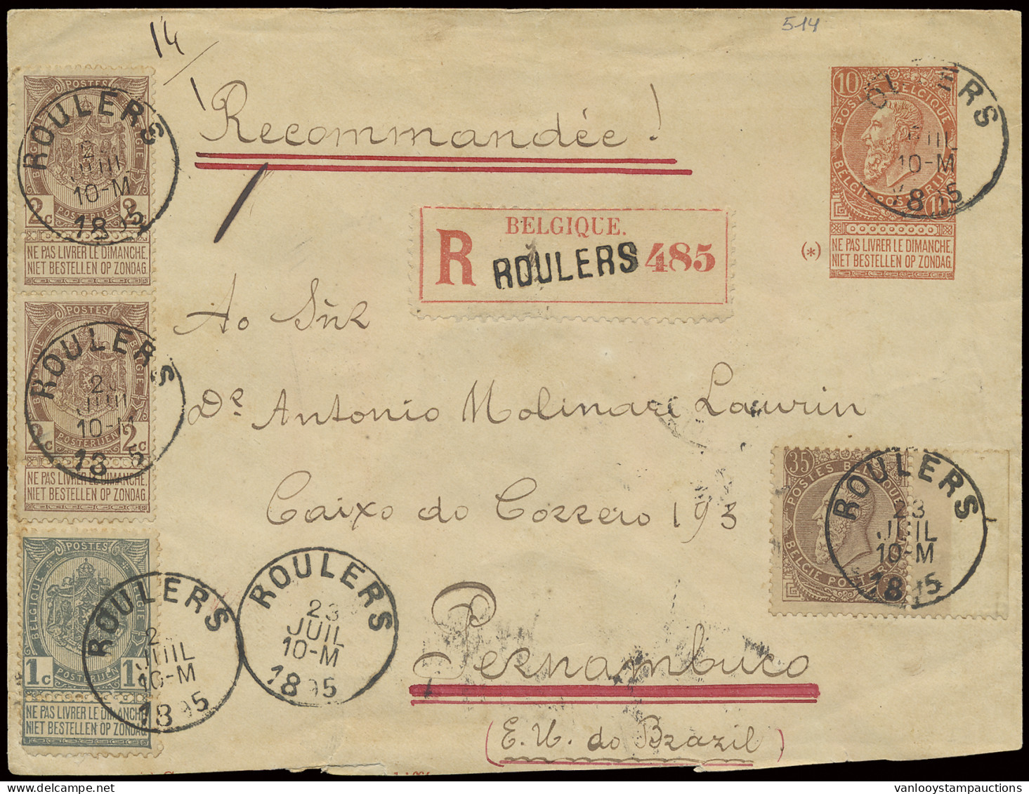 1895 N° 49 (met Bladboord), 53, 55 (2x) En 57 Op Aangetekende Brief Van ROULERS Naar Pernambuco/Brazilië, Alle Afgestemp - 1893-1900 Fine Barbe