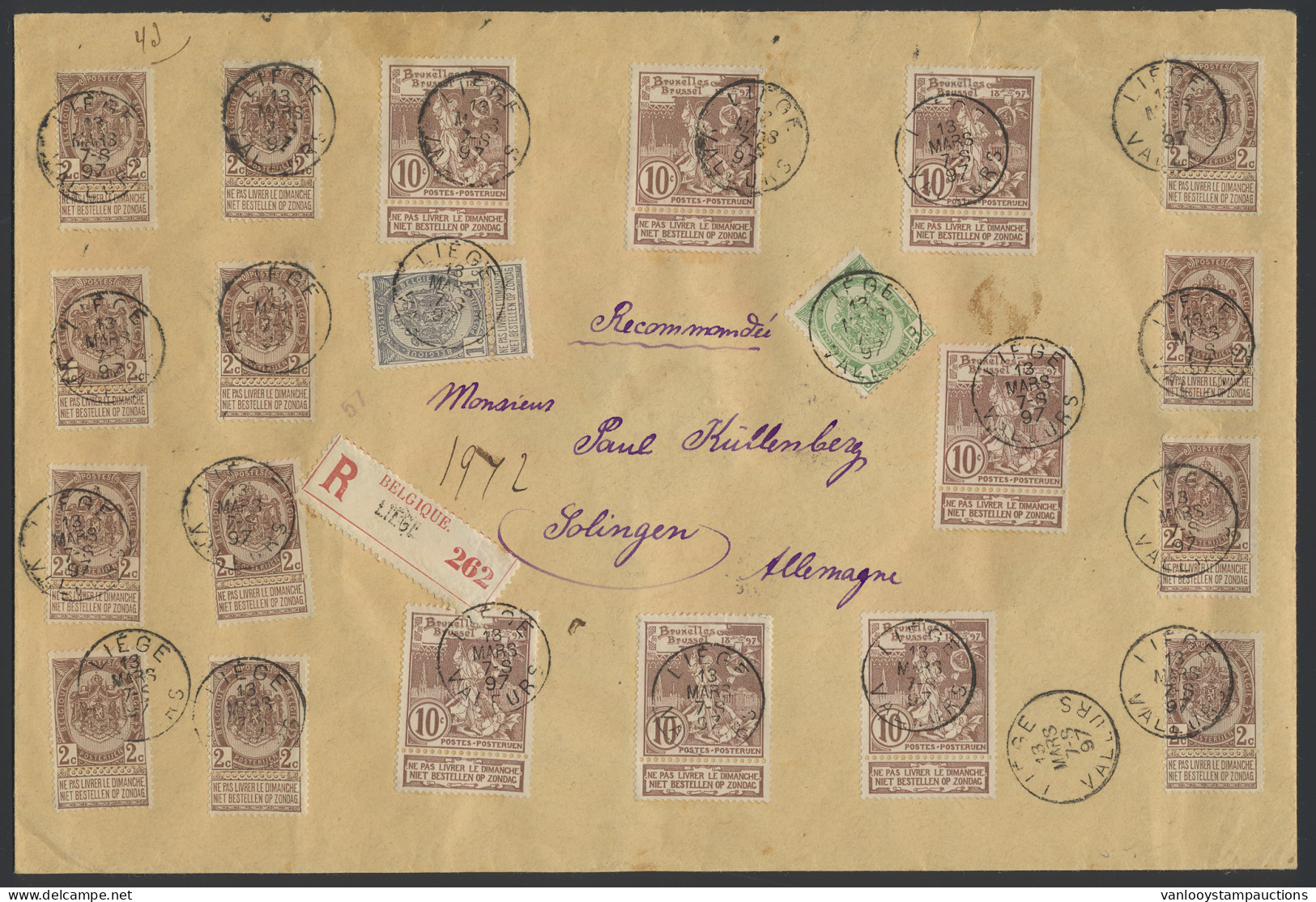 1897 N° 53, 56, 55 (12x), 73 (7x) Op Aangetekende Zending Van Liège Valeurs Dd. 13/3/97, Met Frankering Van 1fr. Naar So - 1893-1900 Fine Barbe