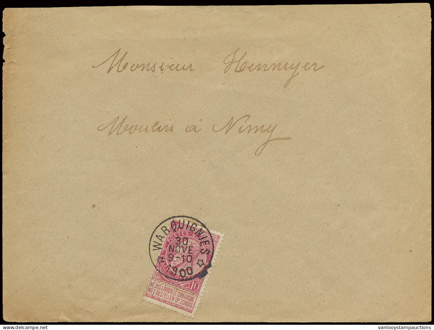 N° 58a 10c. Karmijn Op Brief Met Afstempeling Relais Warquignies Naar Nimy, Zeer Mooi Centraal Gest., Zm (COBA €50) - 1893-1900 Thin Beard