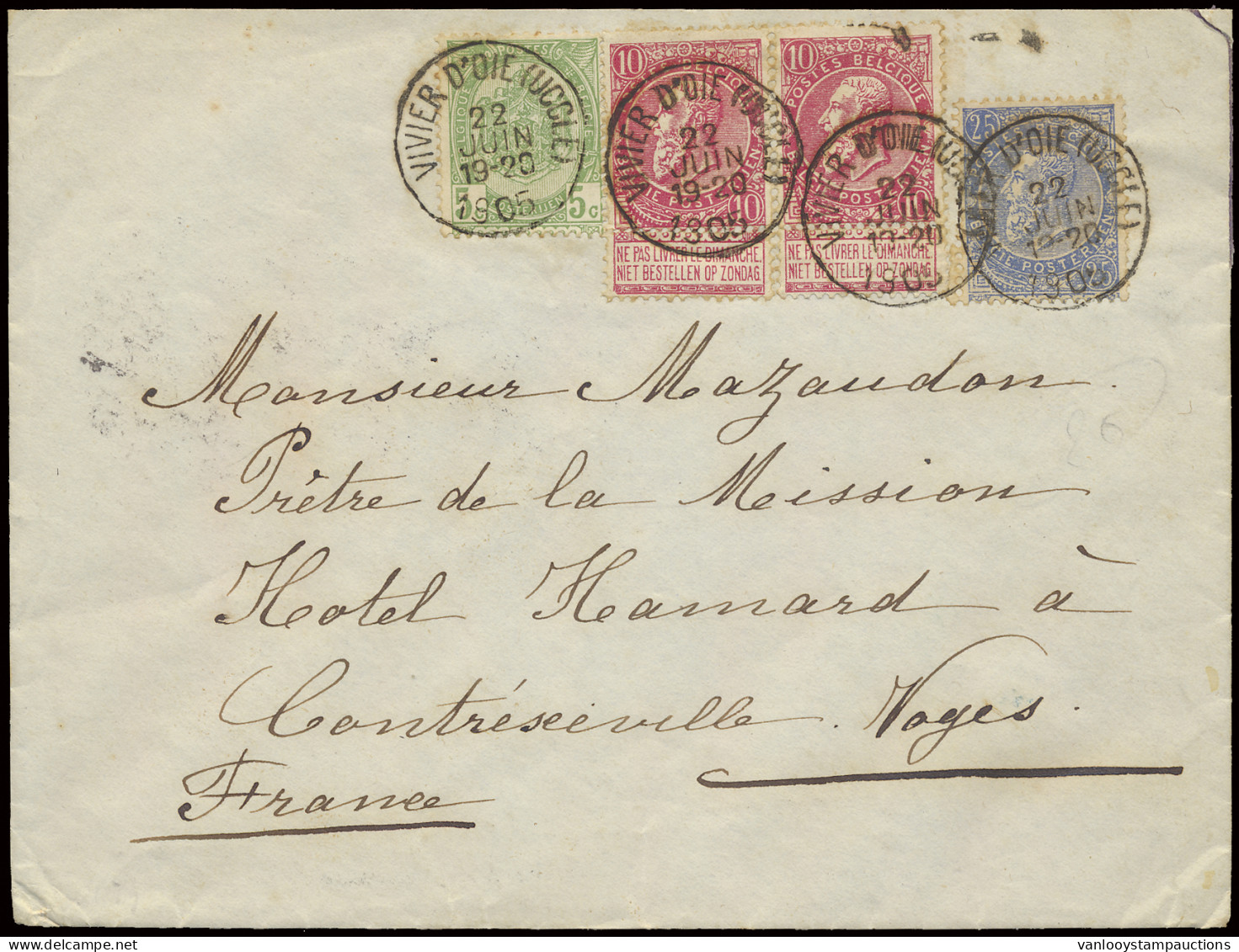 1905 N° 56 (zonder Vignet), 58 (2x), 60 (zonder Vignet) Vanuit VIVIER D'OIE (Uccle) Met T1L Naar Contréseeville/Frankrij - 1893-1900 Fine Barbe