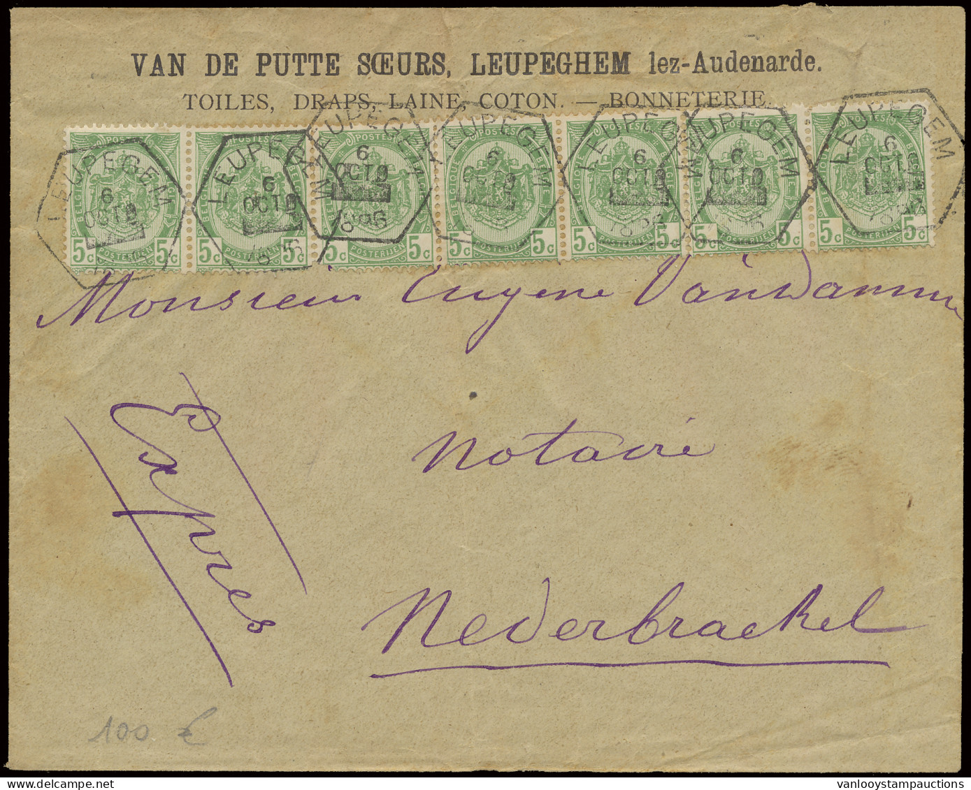 N° 56 5c. Groen In Strip Van 7, Zonder Vignet Met Spoorafstempeling LEUPEGEM, Bij Audenaerde Geblokkeerd Uur Naar Nederb - 1893-1900 Thin Beard