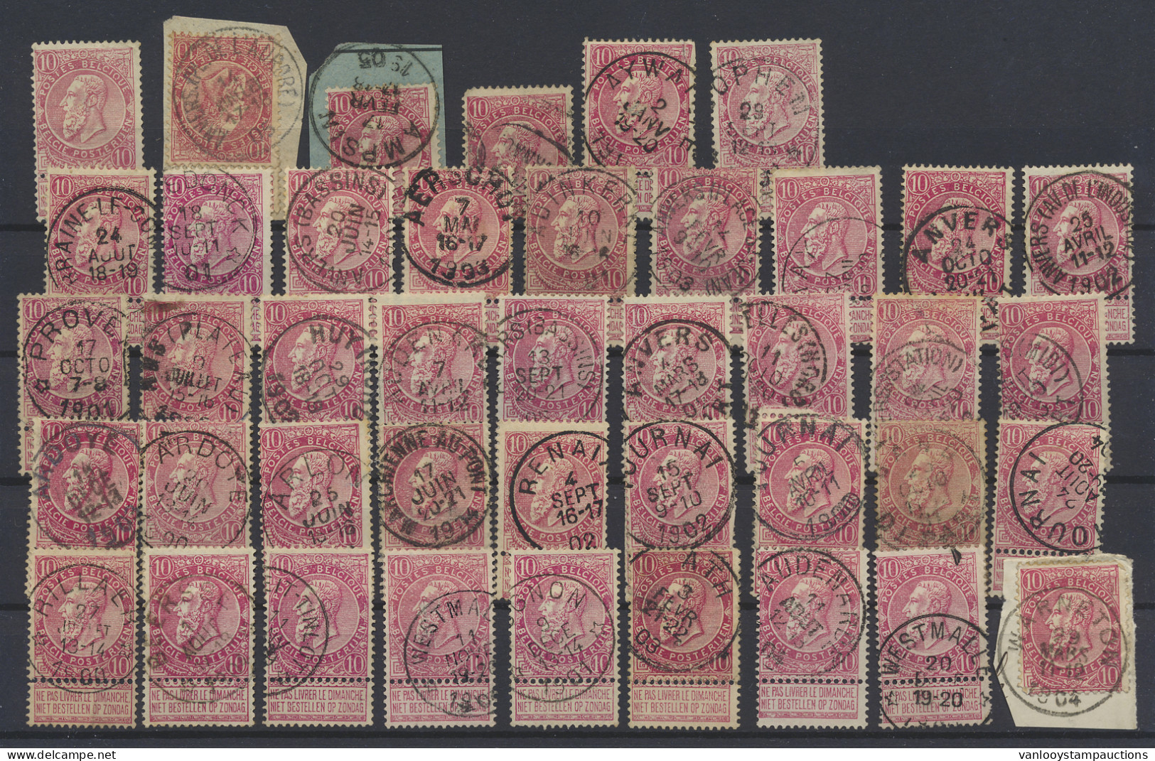N° 58 10c. Roze, 42 Exemplaren, W.o. Relais (Rillaer, Cugnon, Proven, Etc.), Aywaille T1L, Enz., Zm/m/ntz - 1893-1900 Thin Beard