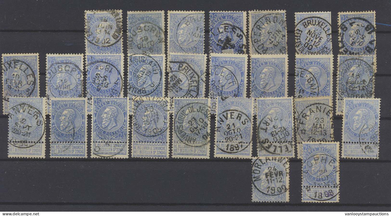 N° 60  25c. Blauw, 27 Exemplaren, Met Enkele Mooie Afstempelingen, W.o. Morlanwelz, Lophem (Relais), Franies (Relais), E - 1893-1900 Fine Barbe