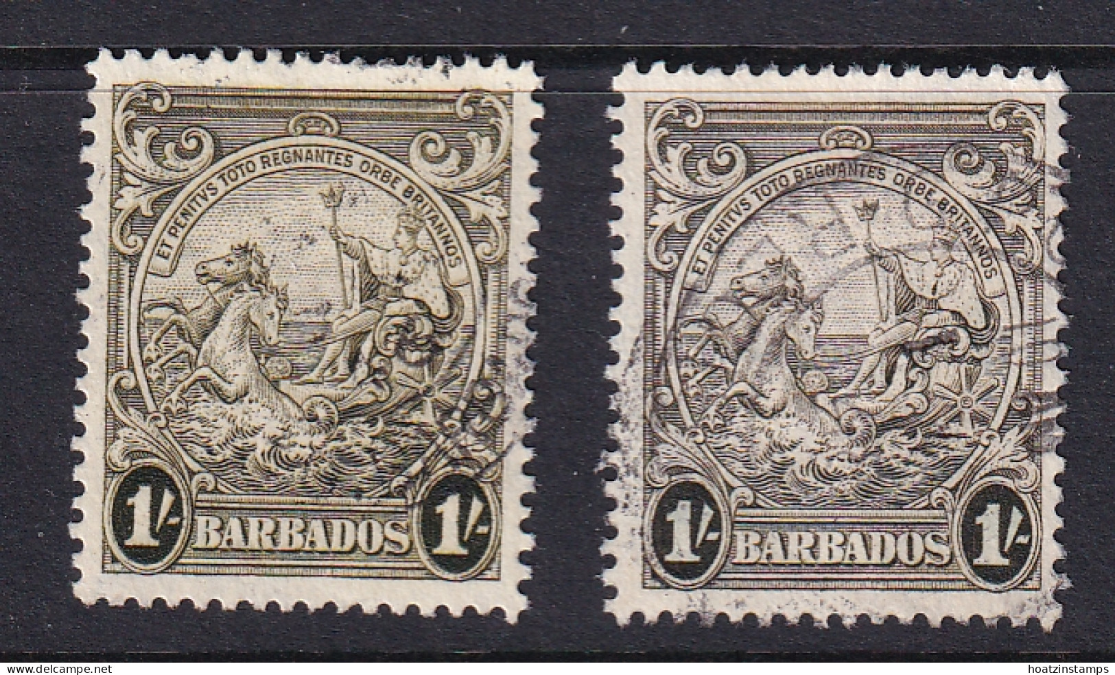 Barbados: 1938/47   Badge Of Colony    SG255 / 255a    1/-  Olive-green And Deep Brown-olive      Used  - Barbados (...-1966)