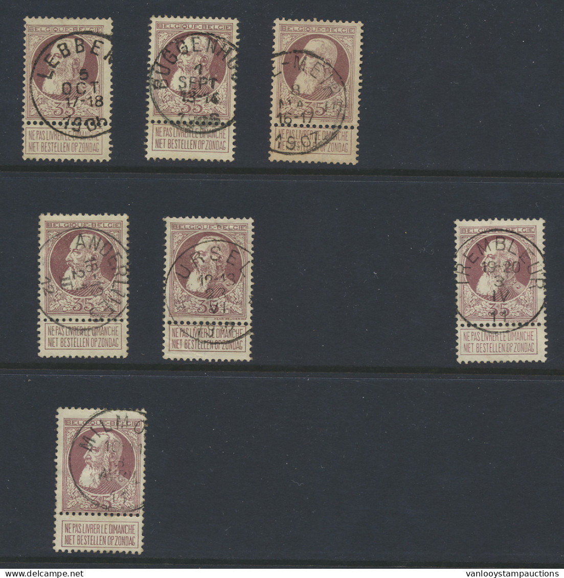 N° 77 35c. Bruinrood, 7 Mooie Afstempelingen W.o. Ursel, Trembleur, Milmort, Met T2L Afstempelingen, Zm (COBA +€100) - 1905 Thick Beard