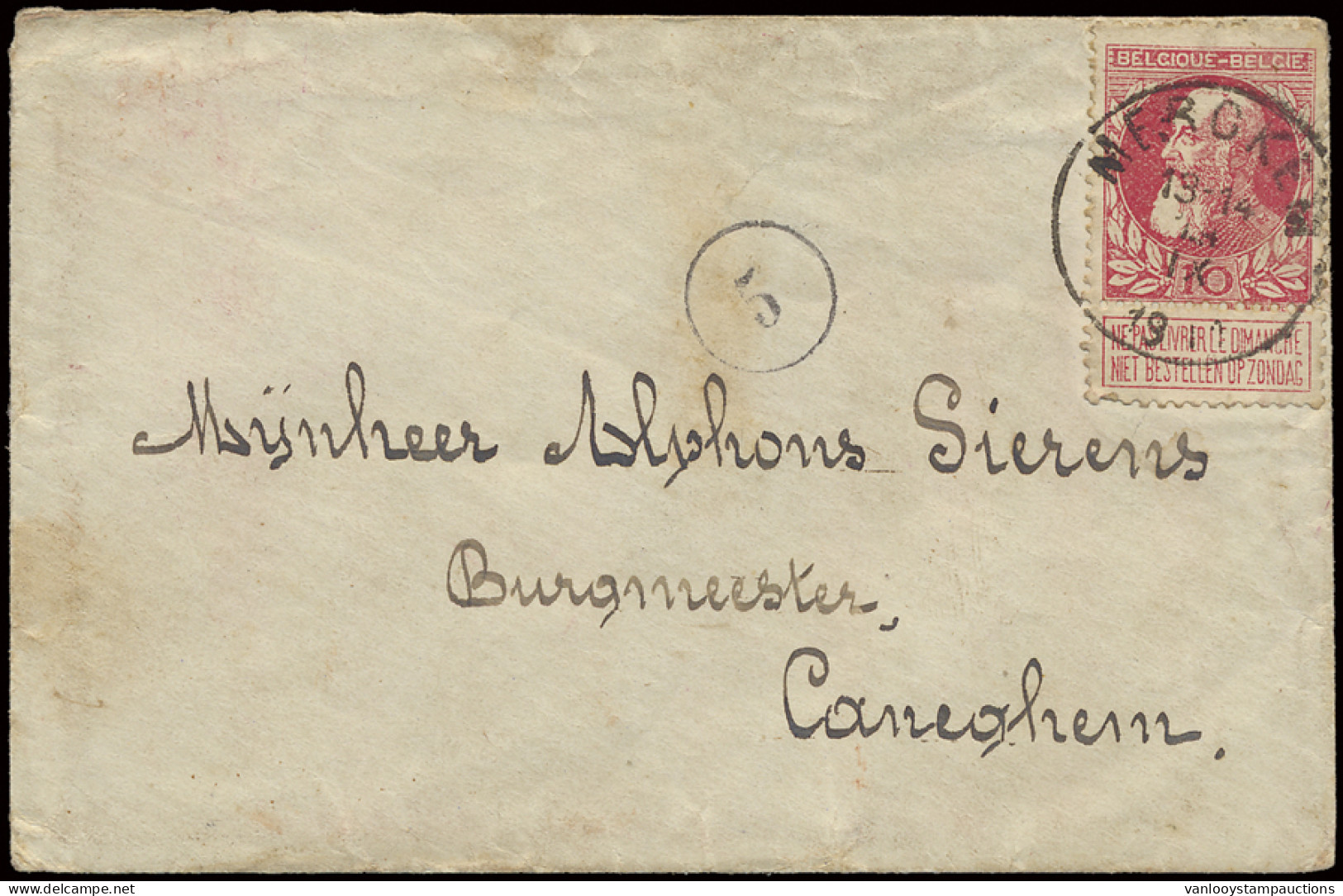 1911 N° 74 10c. Karmijn Op Enveloppe Dd. 14/9/1911, T2R, Postbode 5 In Cirkel Van Meckem Naar Caneghem, Zm (COBA €25) - 1905 Thick Beard