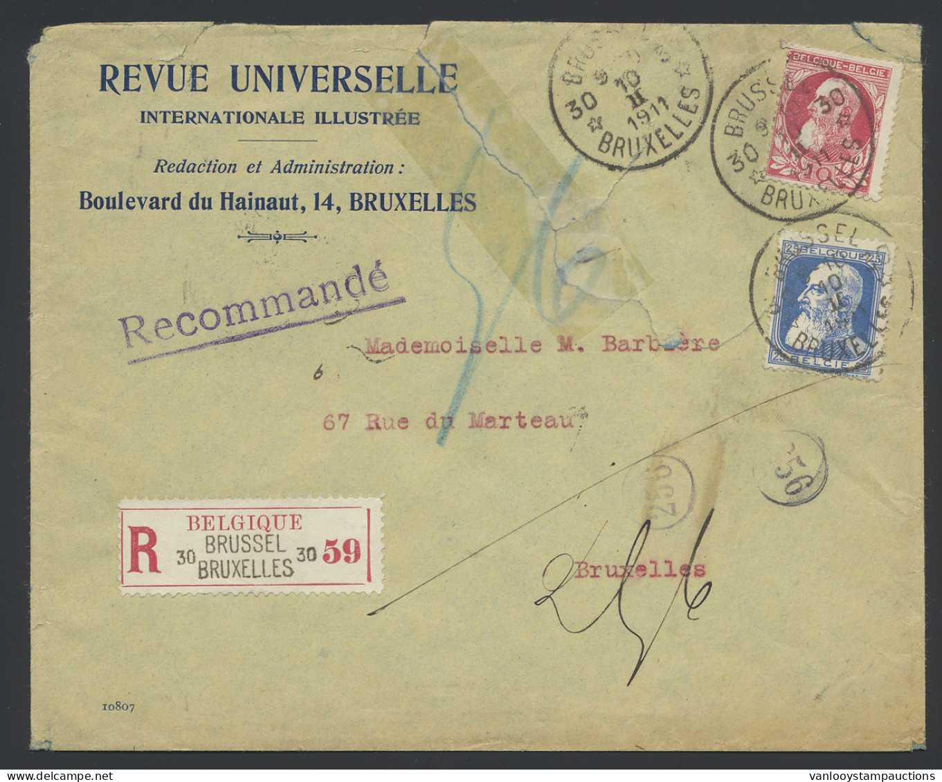 1911 N° 74 En 76 Brussel 30 - Bruxelles 30 Op 10.II.1911 (agentschap) Op Aangetekende Brief, T.s., M - 1905 Grosse Barbe