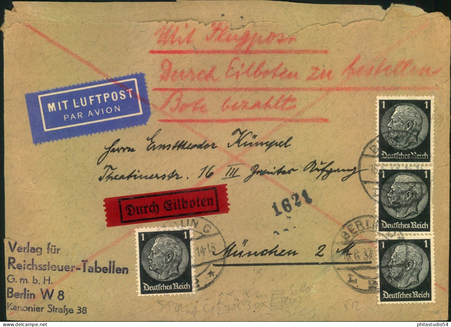 1937, Schwerer Luftpost Eolbrief BERLIN - NPNCHEN - Brieven En Documenten