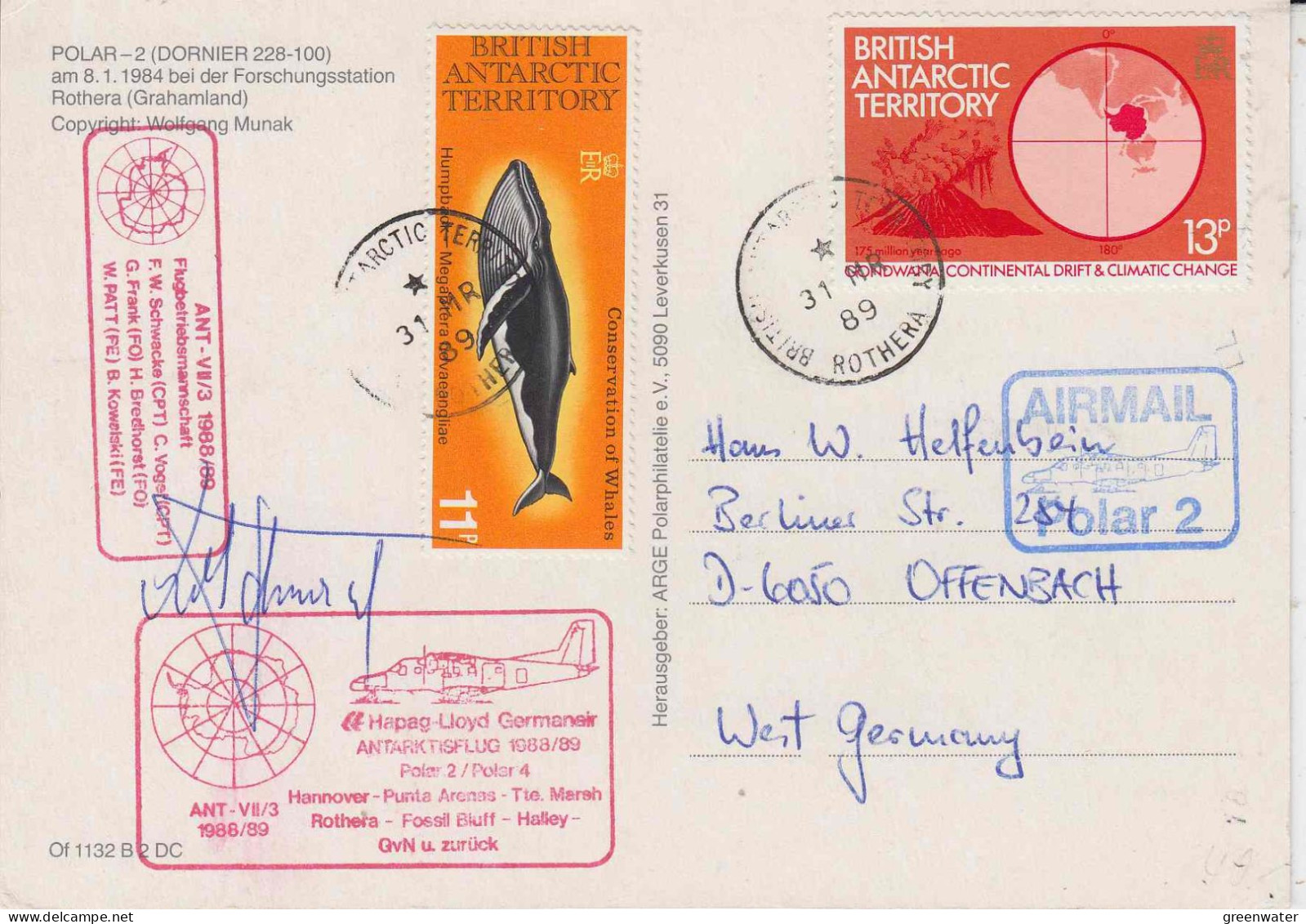 British Antarctic Territory (BAT) Pc Antarctic Flight Polar 2 Hannover To G. Von Neumayer Ca Rothera 31 MR 1989 (PT163A) - Vuelos Polares