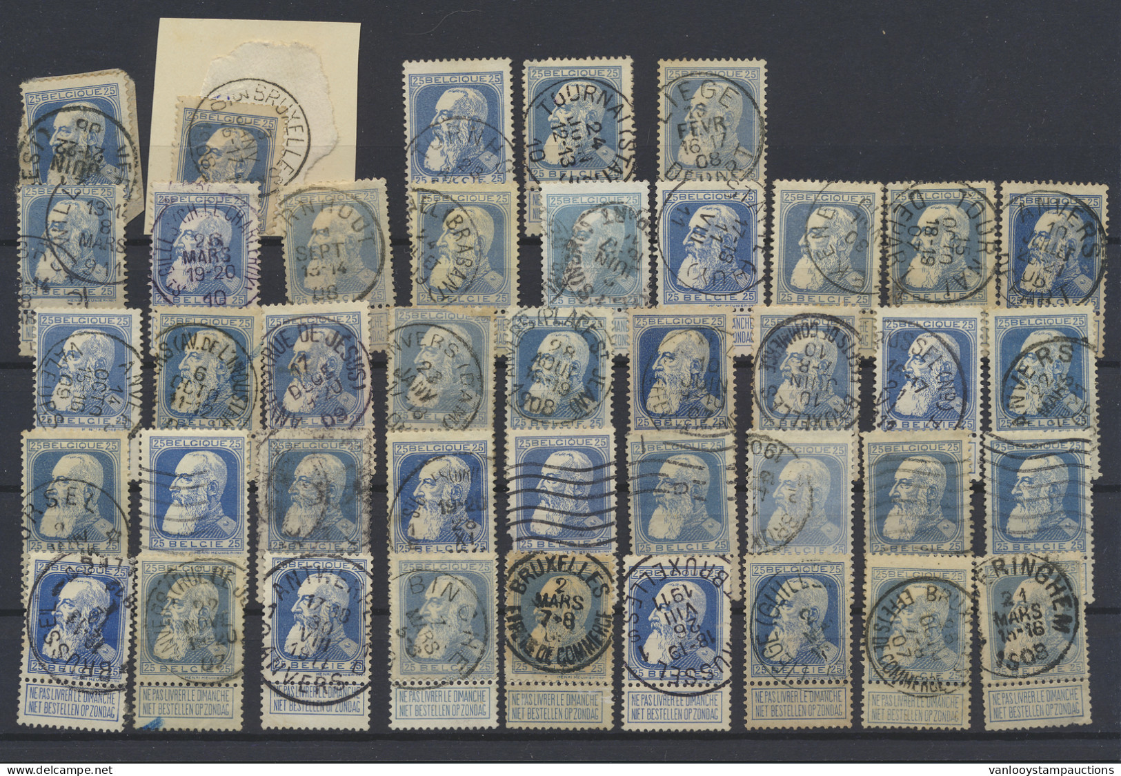 N° 76 25c. Blauw, 41 Exemplaren, W.o. Ursel (Relais), Tournai Depart, Binche, Turnhout, Etc., Voor De Specialist, Zm/m/n - 1905 Thick Beard