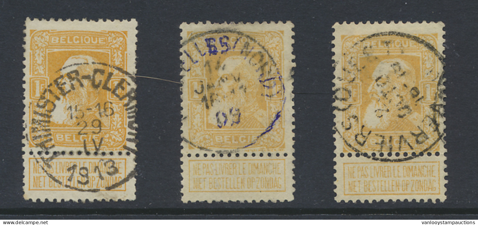 N° 79 1fr. Oranjegeel, 3 Exemplaren, W.o. Thimister-Clermont, Zm - 1905 Thick Beard