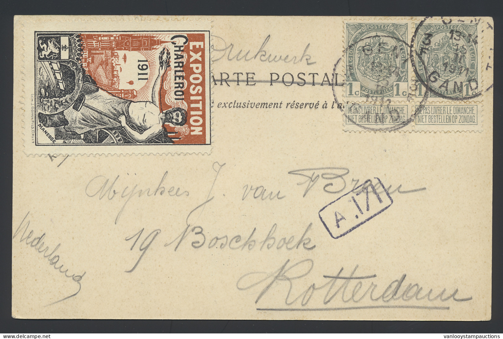 N° 81 1c. Grijs, Op Briefkaart Met Vignet Exposition Charleroi 1911, Zm - 1893-1907 Stemmi