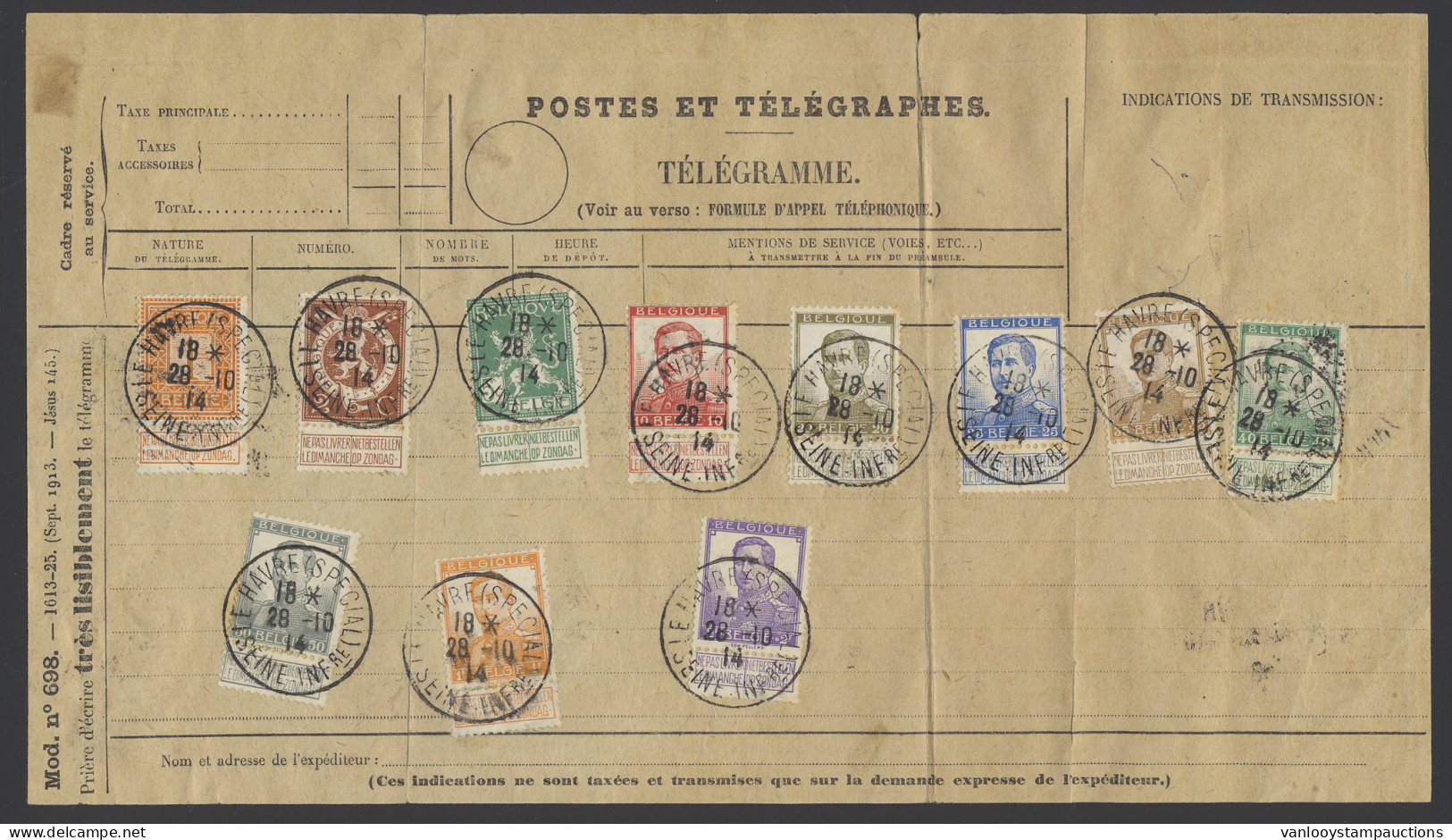 N° 108/10, 113/17, 123/25 Op Telegram Post, Afstempeling Le Havre Special, Zm/m - 1912 Pellens