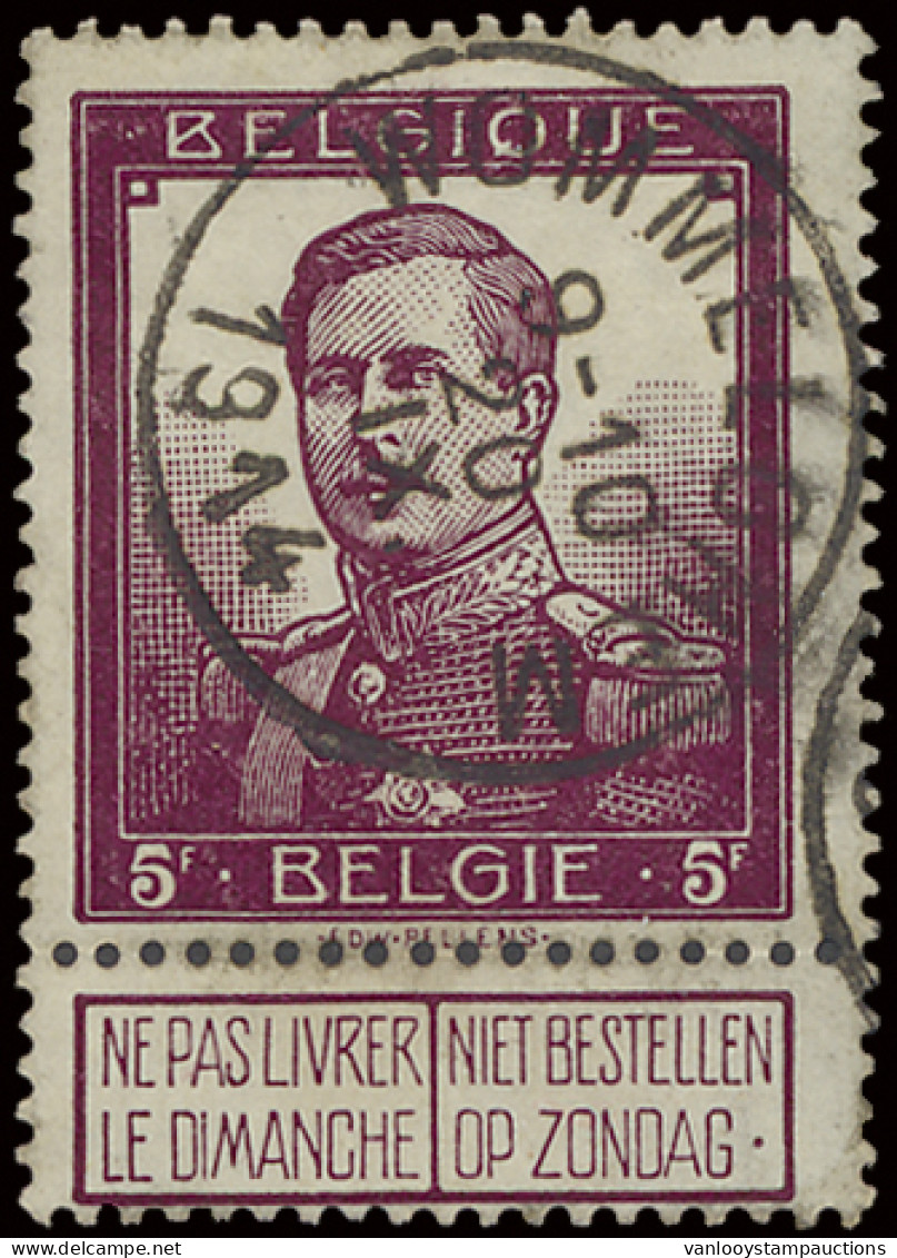 N° 122 5fr. Met T2R Afstempeling Wommelgem, 20.IX.1914, Zm - 1912 Pellens