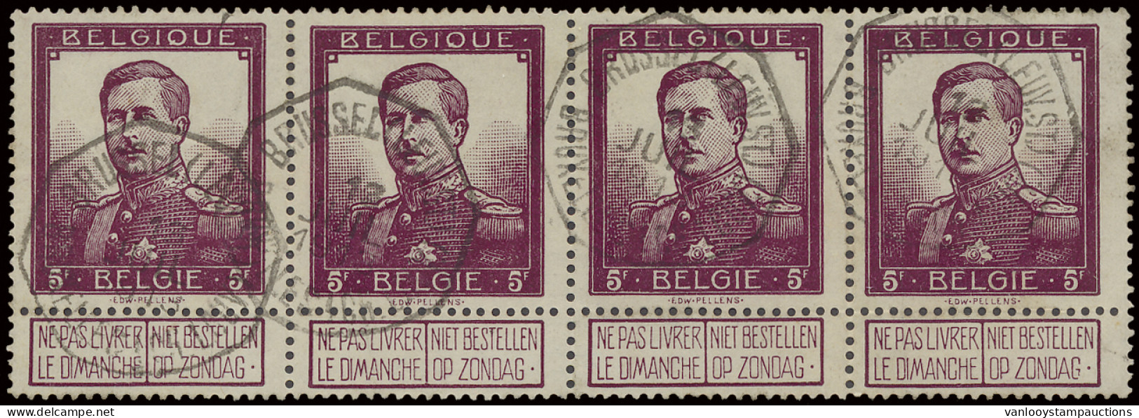 N° 122 5fr. In Strip Van 4 Met Telegraaf Afstempeling "BRUSSEL Leuv. Stwg", 13 Juli 1913, Zm - 1912 Pellens