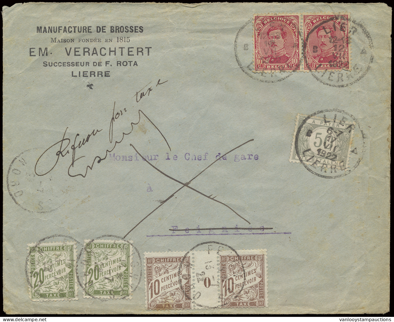 1922 N° 138 In Paar, Briefomslag Met T4RB LIER, 12.VII.1922 Naar Feignies/France, 20c. Was Binnenlands Enkelvoudig Port, - 1915-1920 Albert I