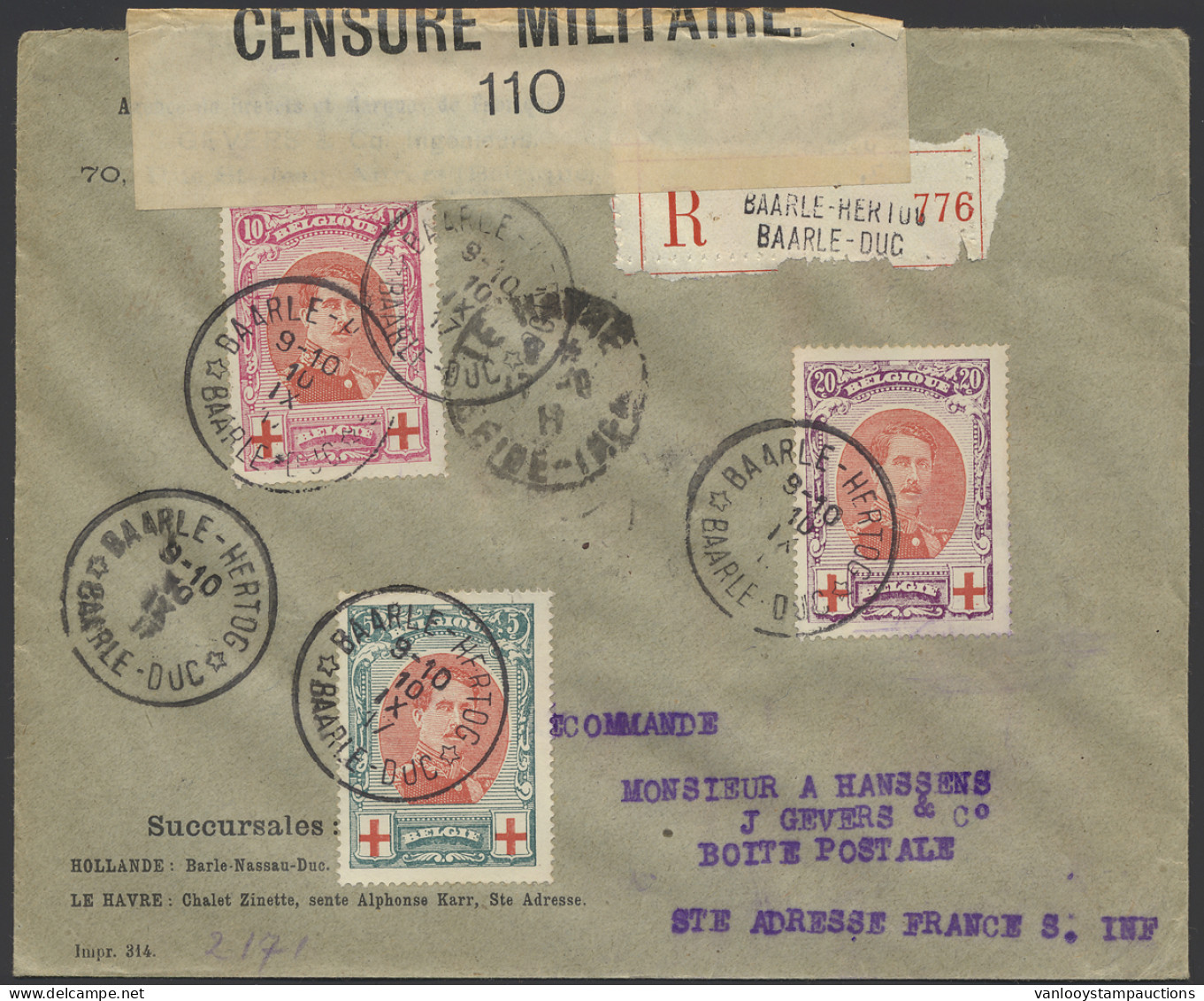 1917 N° 132/134 Op Brief Vanuit Baarle-Hertog, Dd. 10/IX/17, Naar ST.-Adresse In Frankrijk. - Censuur Militaire 110, Zm - Army: Belgium
