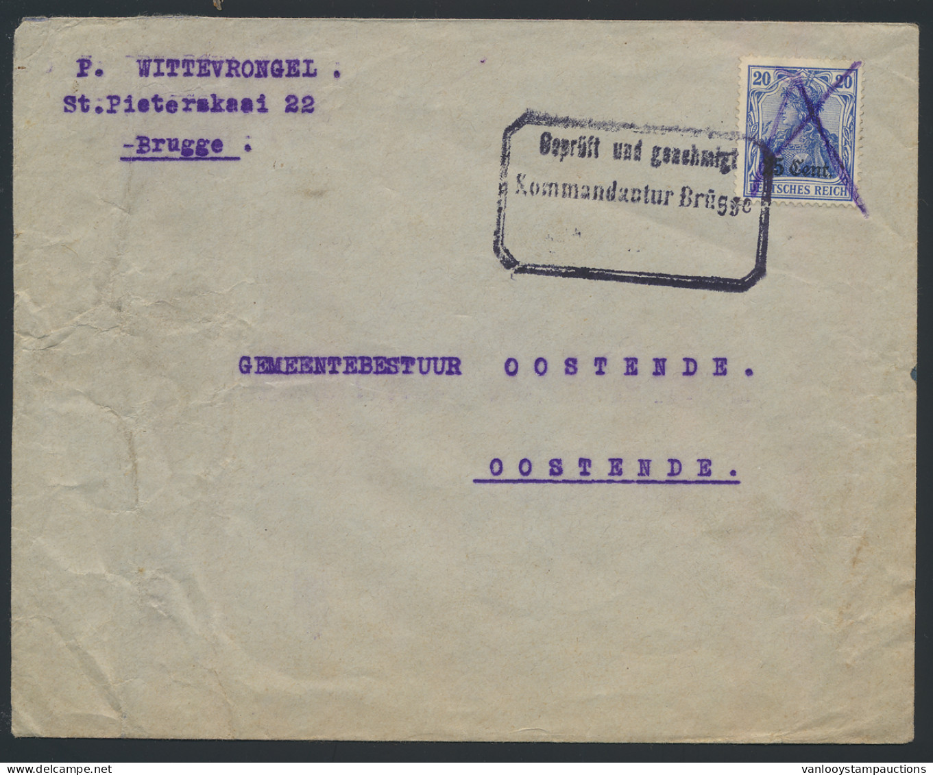 W.O. I, Brief Verstuurd Uit Brugge Naar Oostende, Blauwe Penontwaarding Op 25c. Germania, Censuur Gepruft Und Geschmigt  - Army: German