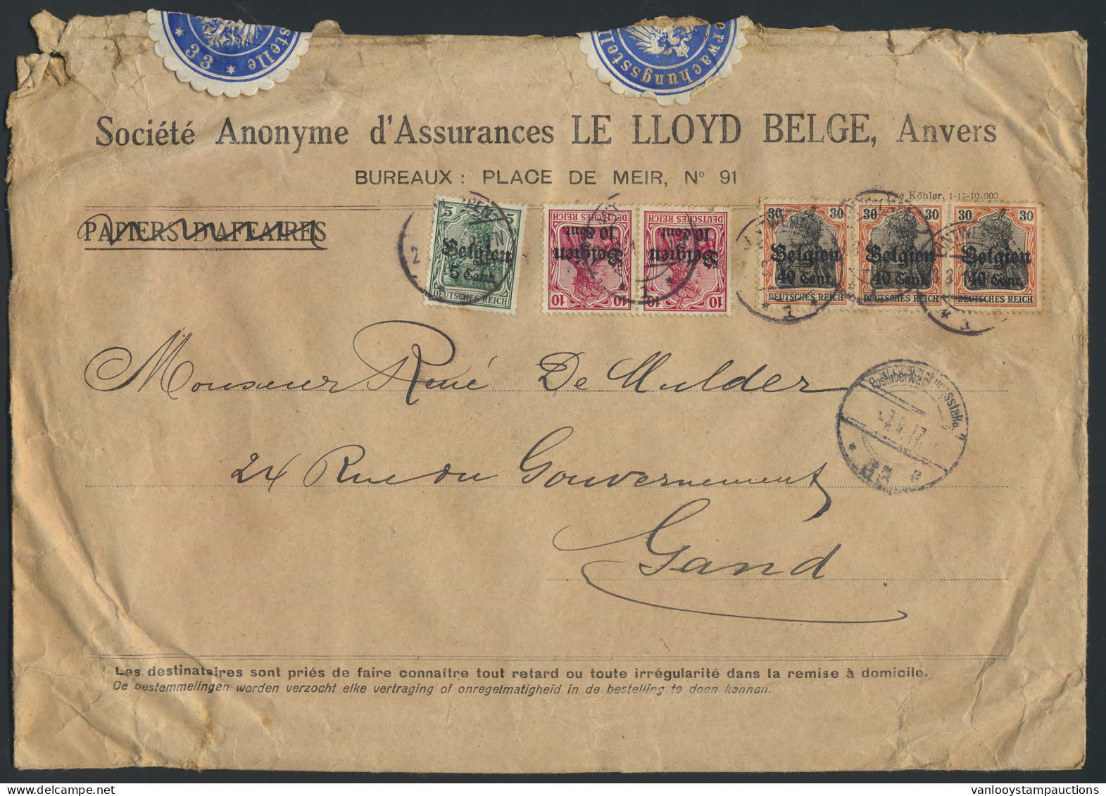 1917 Zware Brief Verstuurd Uit Antwerpen, Waarbij Gent, Met Frankering (5c., 10c. (2x) En 40c. (3x)) Met 2 Blauwe Vignet - Duits Leger