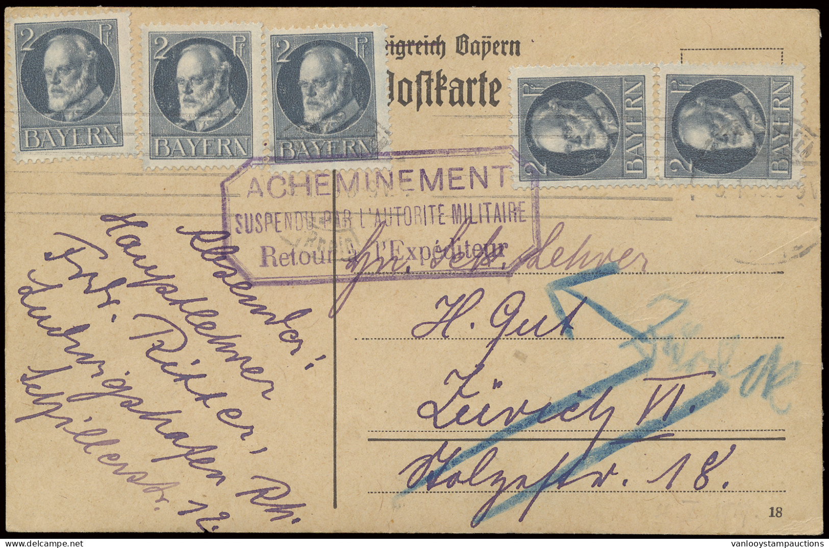 5/1/1919 Briefkaart Met 5 X 2pf. Grijs Van Bayern Vanuit Ludwigschafen Naar Zurich/Zwitserland, Postverkeer Naar Zwitser - Otros & Sin Clasificación
