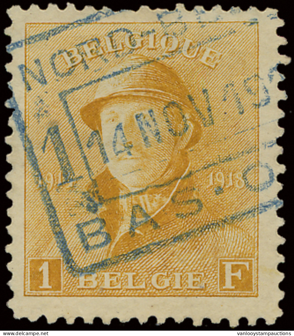 N° 175 1fr. Oranje, Met Spoorwegafstempeling Nord Belge - Bas-Oha, In Blauw, Zeldzaam, Zm (OBP €55) - 1919-1920 Roi Casqué