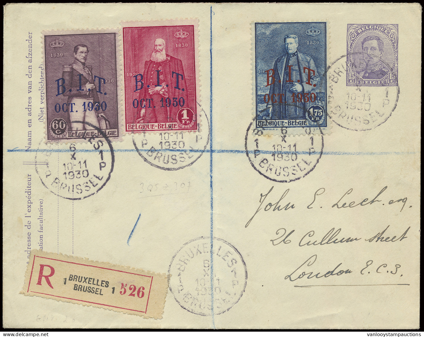 1930 N° 305/7 Op Aangetekende Brief Op PWST, Type 1915 - 15c. Violet Van Brussel Naar Londen, Zm - Autres & Non Classés