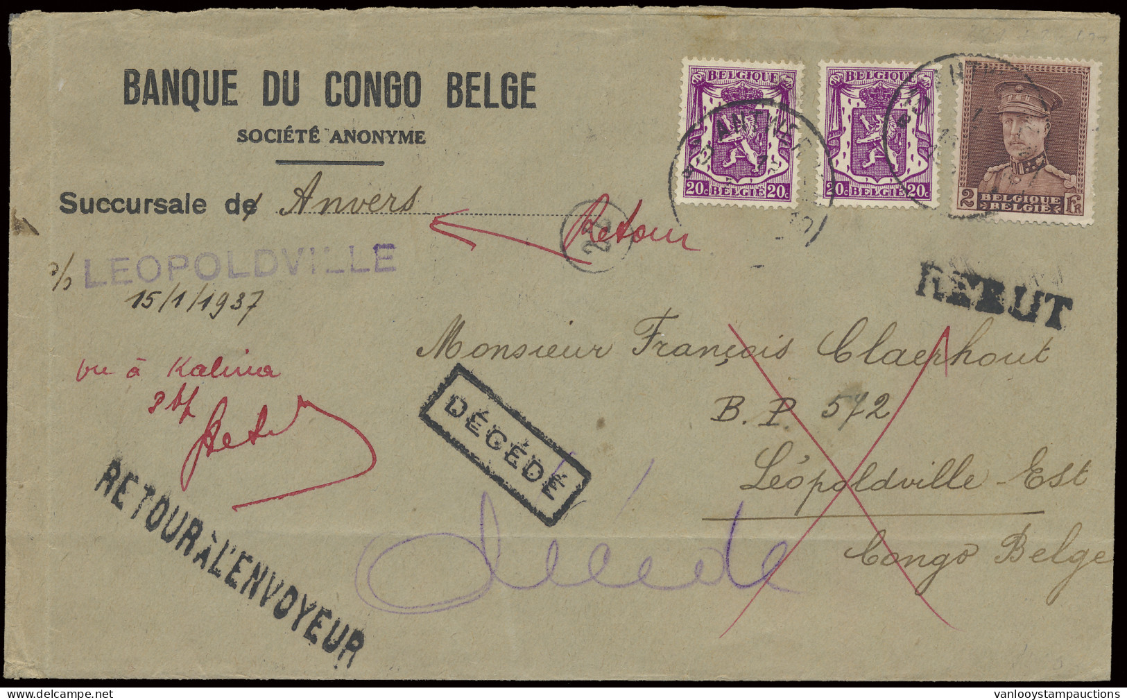 Nr. 321 En 422 (2x) Op Brief Van (Banque Du Congo Belge), Verstuurd Vanuit Antwerpen, Afstempeling Anvers 10B, Naar Leop - 1931-1934 Quepis