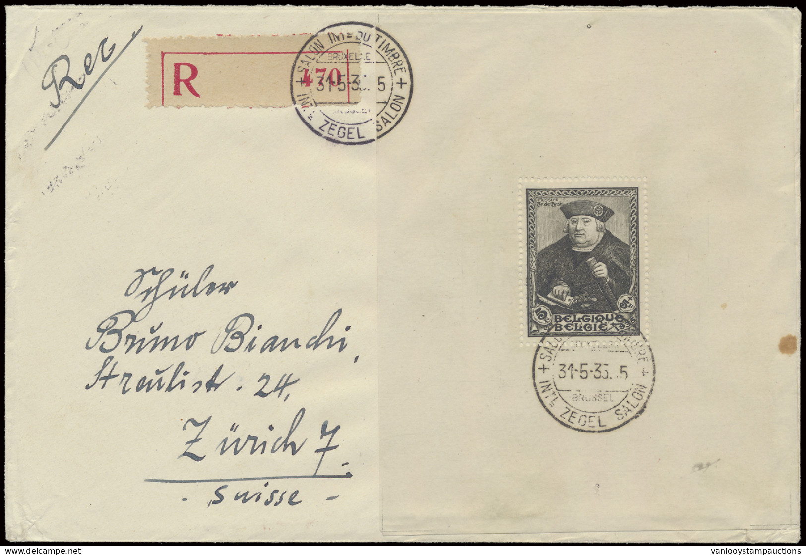 1935 BL 4 Op Aangetekende Brief 31/5/'35 Naar Zürich (bruine Vlek Rechts), Zm/m (OBP €250) - Autres & Non Classés