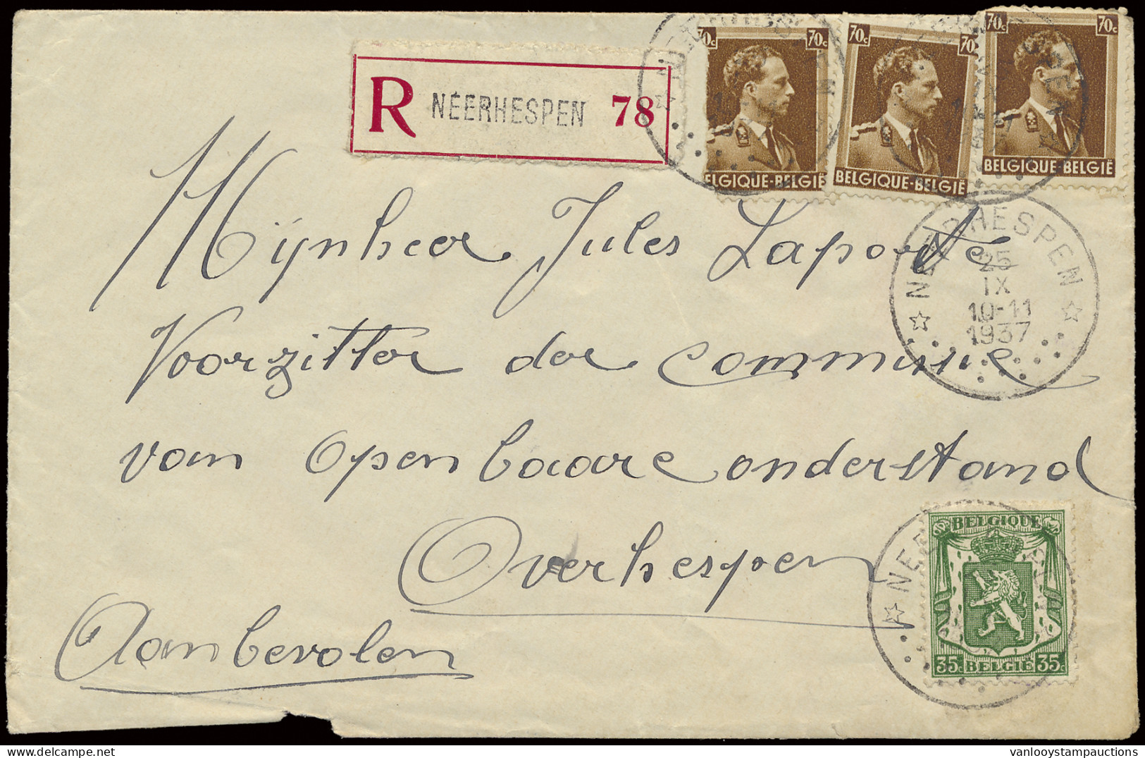 1937, N° 425 En 427 (3x), Op Aangetekende Brief, Vanuit Neerhespen 78, Relais Kantoor T4R 13, Dd. 25 IX 10-11 1937, Naar - 1935-1949 Kleines Staatssiegel