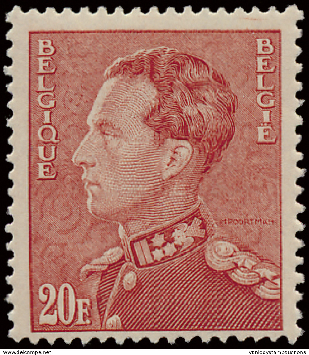 ** N° 435B 20fr. Vermiljoen Met Witte Gom, Met Certificaat Michaux (2009), Zm (OBP €465) - 1936-1951 Poortman