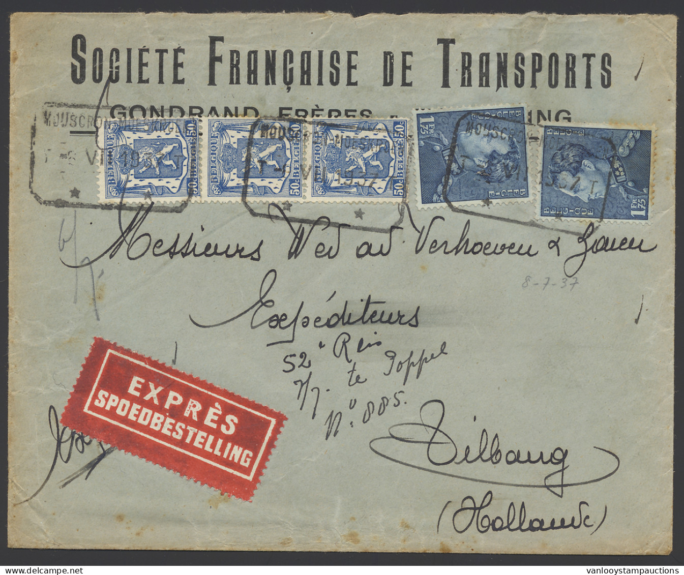 1937 N° 426 (3x) En 430 (2x) Op Express Spoedbestelling Brief Vanuit Moeskroen Naar Nederland (Tilburg), Rechthoekige St - 1936-1951 Poortman