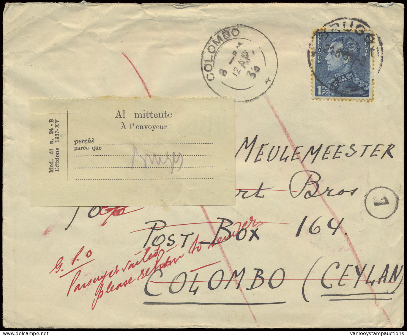 1938 N° 430 1fr. Blauw Op Brief Vanuit Brugge 21/5/1938 Naar Colombo/Ceylan Met Op Voorkant Manuscript Passenger Jailed, - 1936-51 Poortman