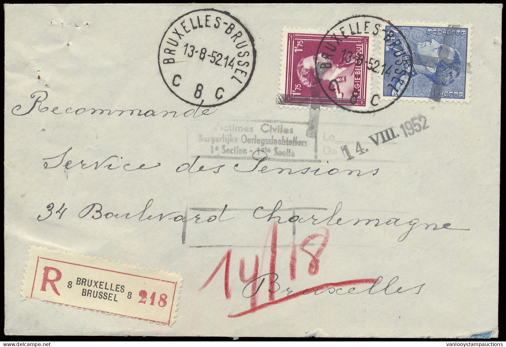 1952 N° 847A (Fransblauw), 832 Op Aangetekende Brief Met Dubbele Ontwaarding Vanuit Brussel 1° Ontwaarding Door Een Stom - 1936-51 Poortman