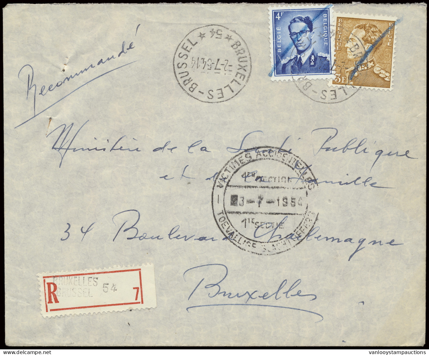 1954 N° 847, 926 Op Aangetekende Zending Met Dubbele Ontwaarding Vanuit Bruxelles, Sterstempel Brussel 54, Dd. 2/7/54 Na - 1936-51 Poortman