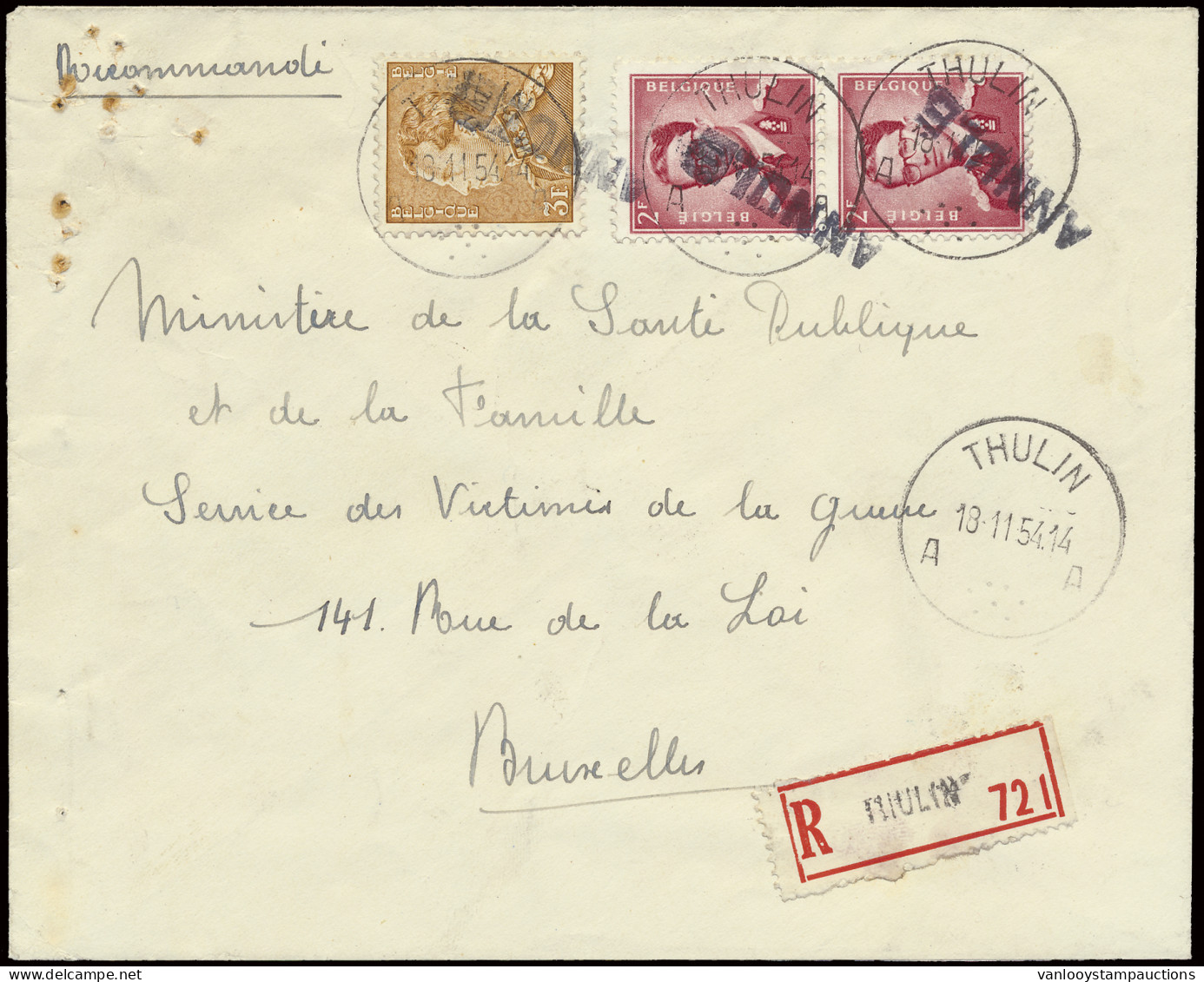 1954 N° 847 En 925 Op Aangetekende Brief Van Thulin Met Dubbele Ontwaarding, Dd. 18/11/54 Naar Brussel, 1° Ontwaarding H - 1936-1951 Poortman