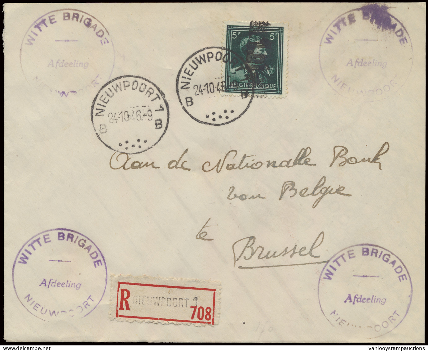 N° 696, 5fr. Groen, Vanuit Nieuwpoort (afstempeling Nieuwpoort B Met 7 Punten) Naar Brussel, Paarse Stempel Witte Brigad - Weltkrieg 1939-45 (Briefe U. Dokumente)